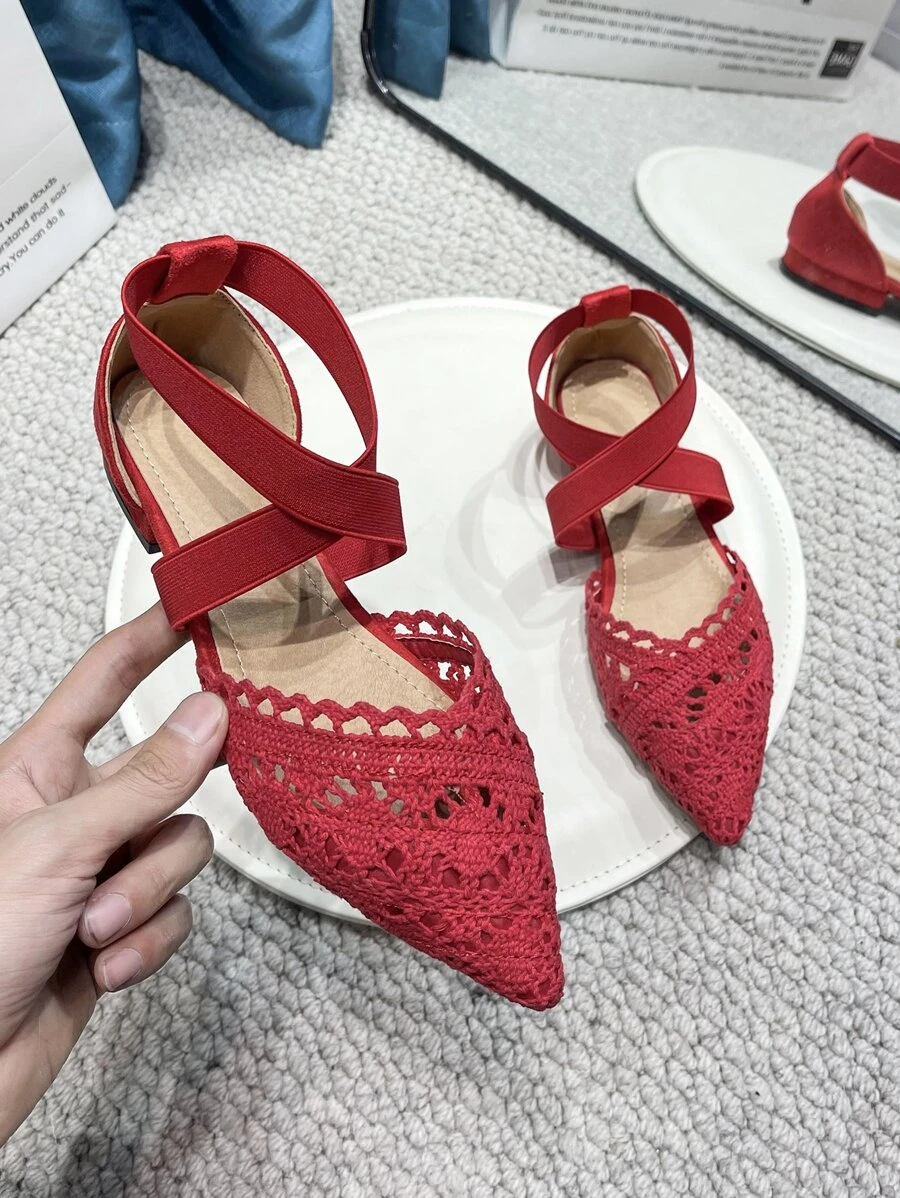 Lace Decor Cross Strap Flats - Red - View 1