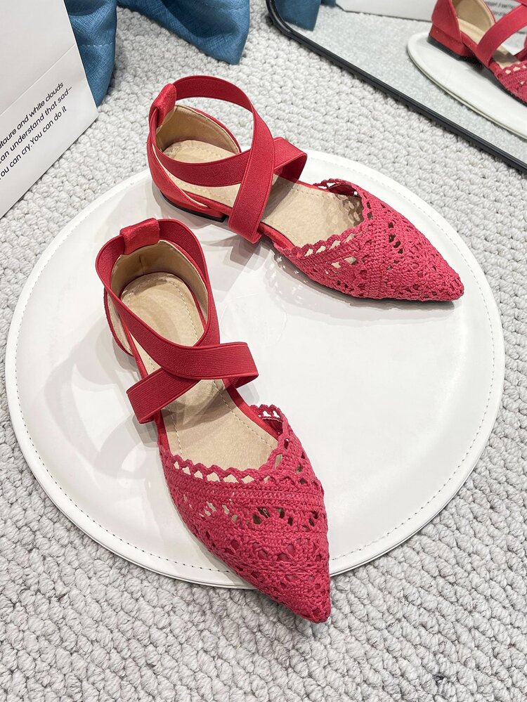 蕾絲裝飾交叉帶平底鞋 - 紅色 - 查看 3