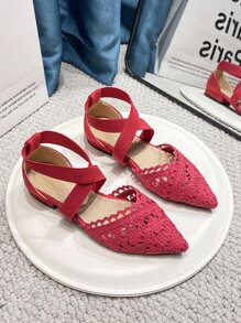 Lace Decor Cross Strap Flats - Red - View 5