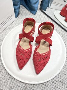 Lace Decor Cross Strap Flats - Red - View 4