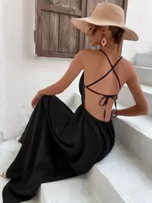 Breezaya Criss Cross Backless Dress Maxi Vacation Beach Outfits Women - Black - View 2