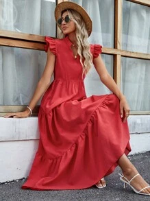 Breezaya Vestido de cuello notched de manga casquillo bajo con fruncido - Rojo - Ver 5