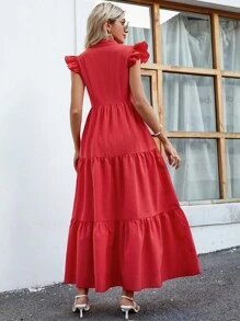 Breezaya Vestido de cuello notched de manga casquillo bajo con fruncido - Rojo - Ver 2