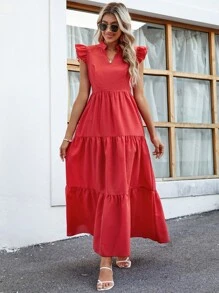 Breezaya Vestido de cuello notched de manga casquillo bajo con fruncido - Rojo - Ver 3