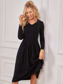 Knit Mix V領素色毛衣洋裝不附腰帶 - 黑色 - 查看 1