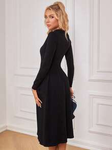 Knit Mix V領素色毛衣洋裝不附腰帶 - 黑色 - 查看 2