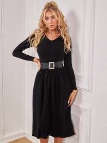 Knit Mix V領素色毛衣洋裝不附腰帶 - 黑色 - 查看 3