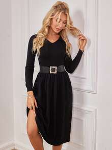 Knit Mix V領素色毛衣洋裝不附腰帶 - 黑色 - 查看 4