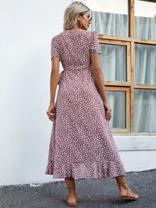 SHEIN Unity 交疊領小碎花荷葉邊細節連衣裙 - 紅白色 - 查看 2