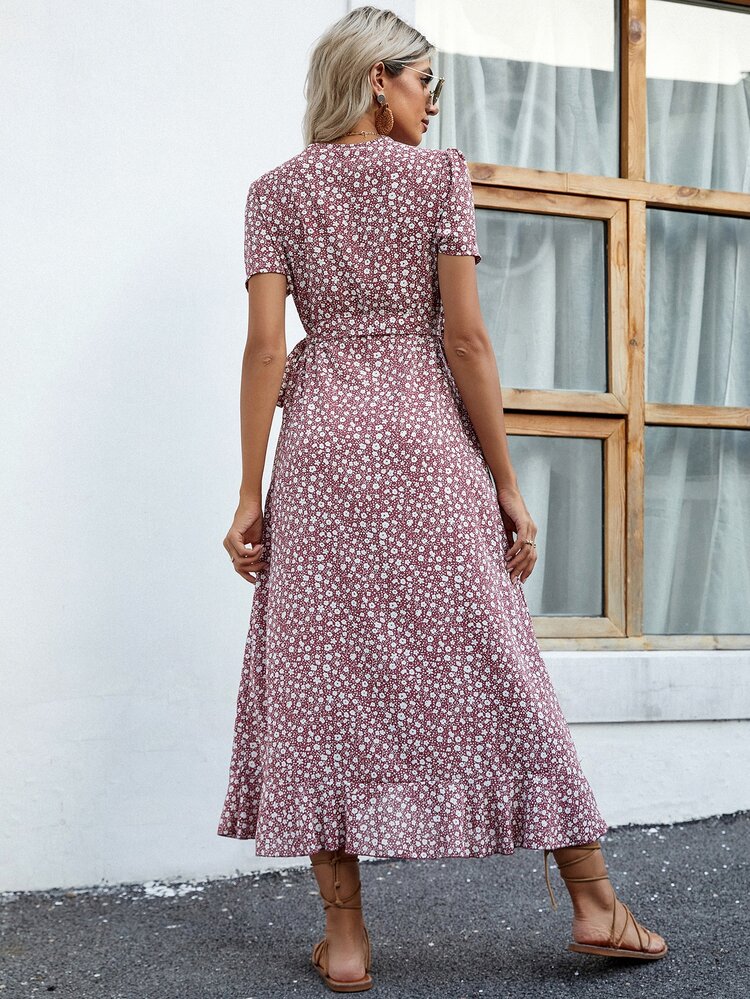 SHEIN Unity 交疊領小碎花荷葉邊細節連衣裙 - 紅白色 - 查看 2