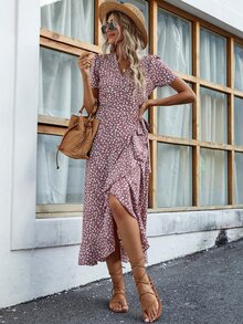 SHEIN Unity 交疊領小碎花荷葉邊細節連衣裙 - 紅白色 - 查看 4