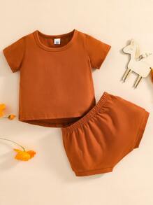 嬰兒高低下擺T恤和短褲 - 棕色 - 查看 1