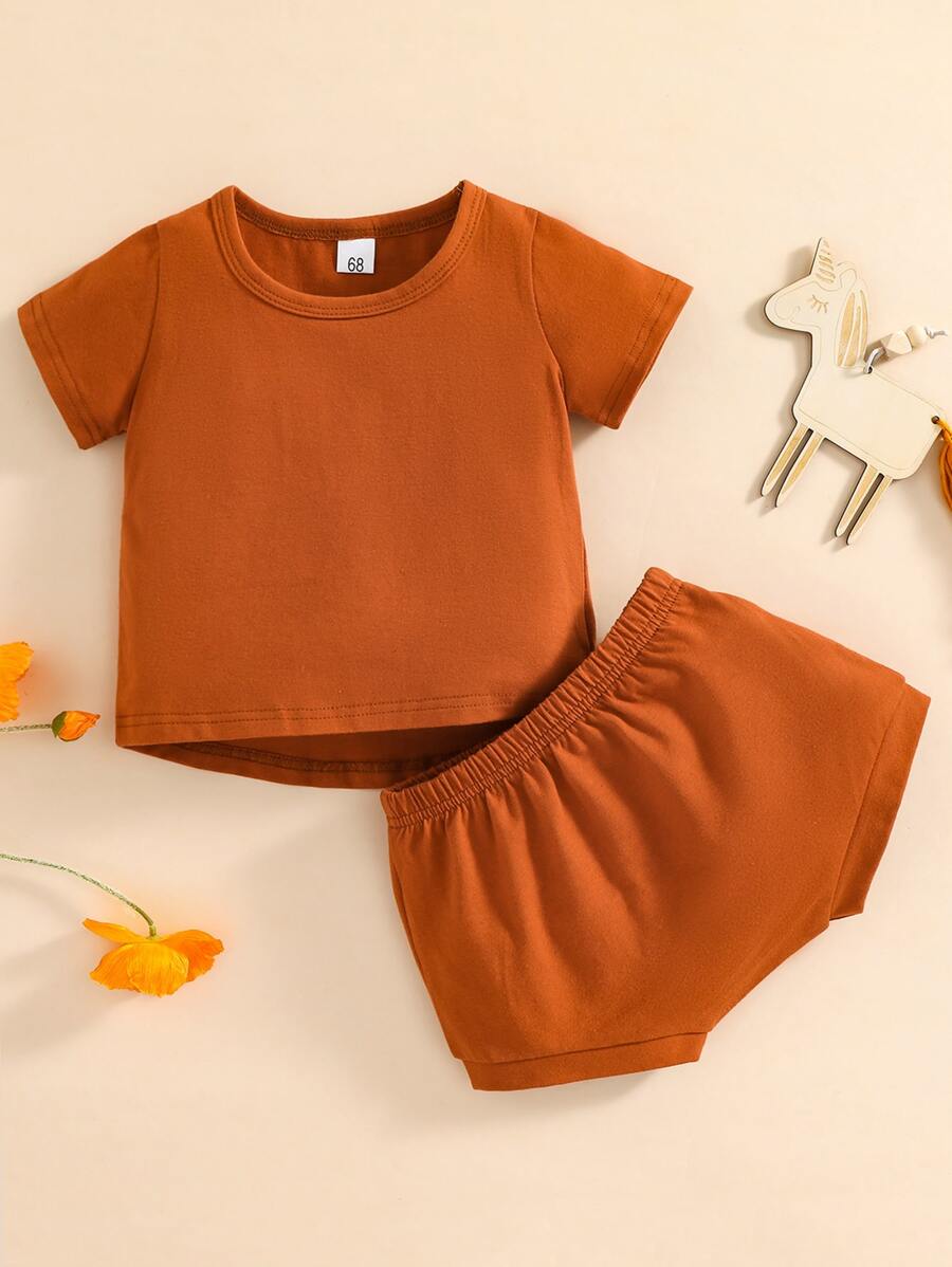 嬰兒高低下擺T恤和短褲 - 棕色 - 查看 1