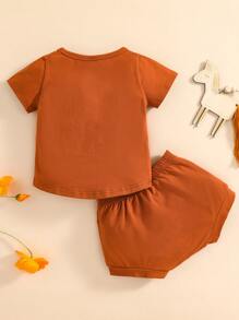 嬰兒高低下擺T恤和短褲 - 棕色 - 查看 2
