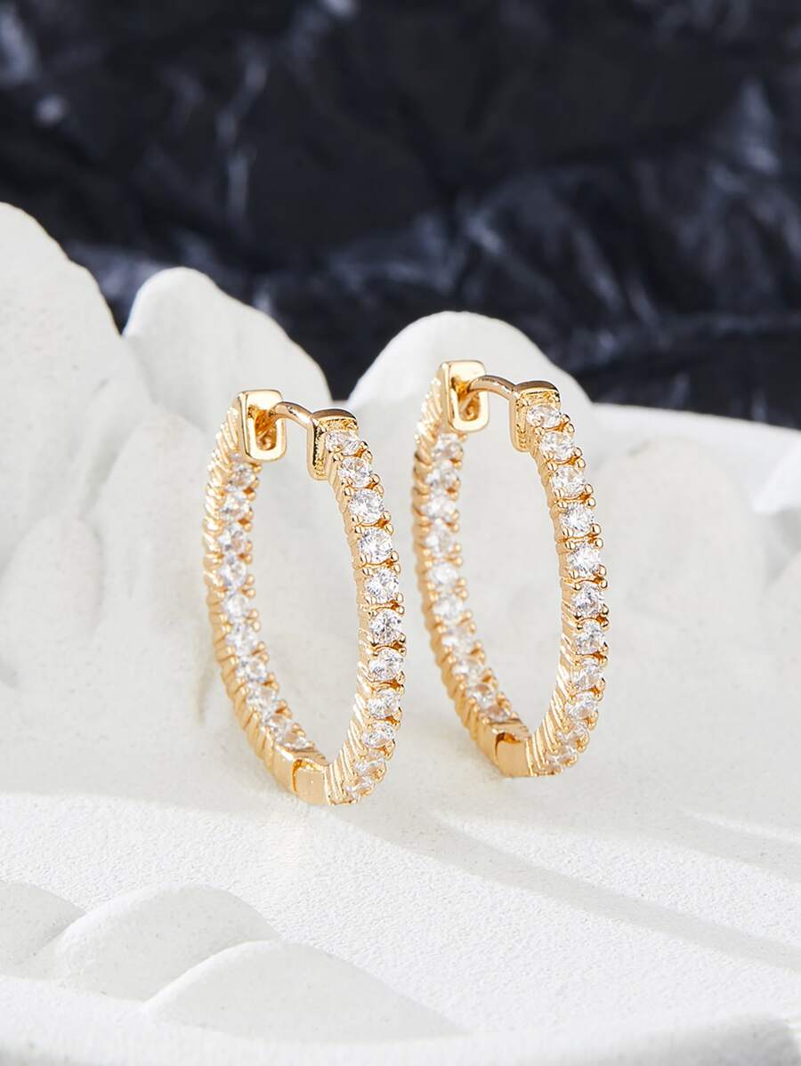 Cubic Zirconia Decor Hoop Earrings - Yellow Gold - View 1