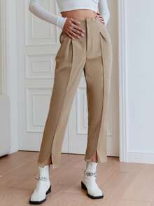 Sollinarry Plicated Detail Slant Pocket Split Hem Trousers - Khaki - View 3