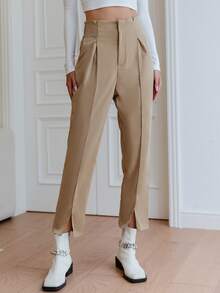 Sollinarry Plicated Detail Slant Pocket Split Hem Trousers - Khaki - View 4