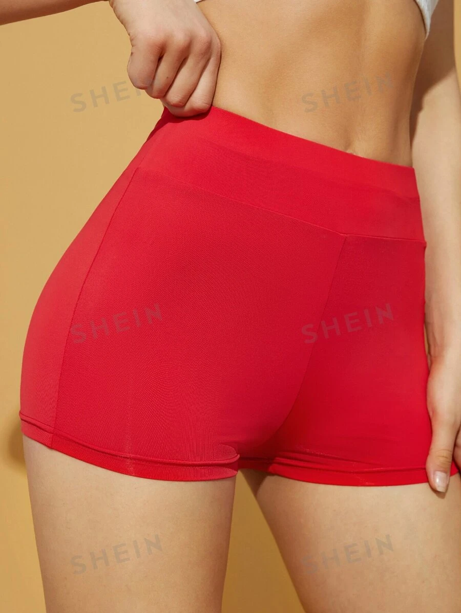 SHEIN PETITE Shorts de ciclista de cintura ancha de unicolor, para mujeres de talla pequeña - Rojo - Ver 1