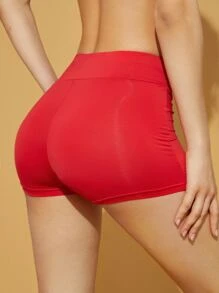 SHEIN PETITE 寬腰帶素色騎行褲 - 紅色 - 查看 2