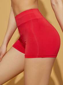 SHEIN PETITE 寬腰帶素色騎行褲 - 紅色 - 查看 3