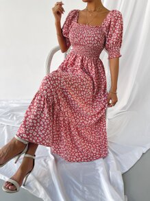 Đầm viền lá sen Viên lá sen Dải chun Hoa Tất cả trên in Boho - Đỏ và trắng - Xem 1