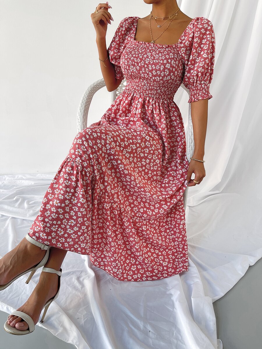 Đầm viền lá sen Viên lá sen Dải chun Hoa Tất cả trên in Boho - Đỏ và trắng - Xem 1