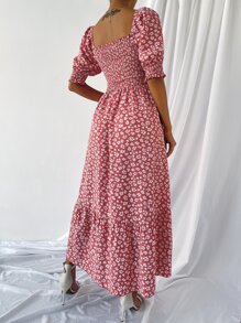 Đầm viền lá sen Viên lá sen Dải chun Hoa Tất cả trên in Boho - Đỏ và trắng - Xem 2