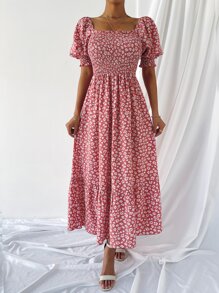 Đầm viền lá sen Viên lá sen Dải chun Hoa Tất cả trên in Boho - Đỏ và trắng - Xem 3