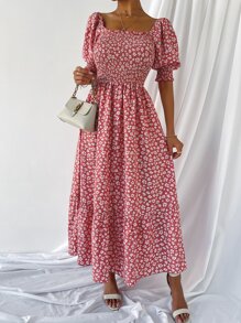 Đầm viền lá sen Viên lá sen Dải chun Hoa Tất cả trên in Boho - Đỏ và trắng - Xem 4