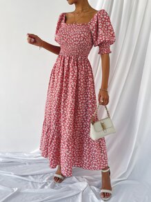 Đầm viền lá sen Viên lá sen Dải chun Hoa Tất cả trên in Boho - Đỏ và trắng - Xem 5