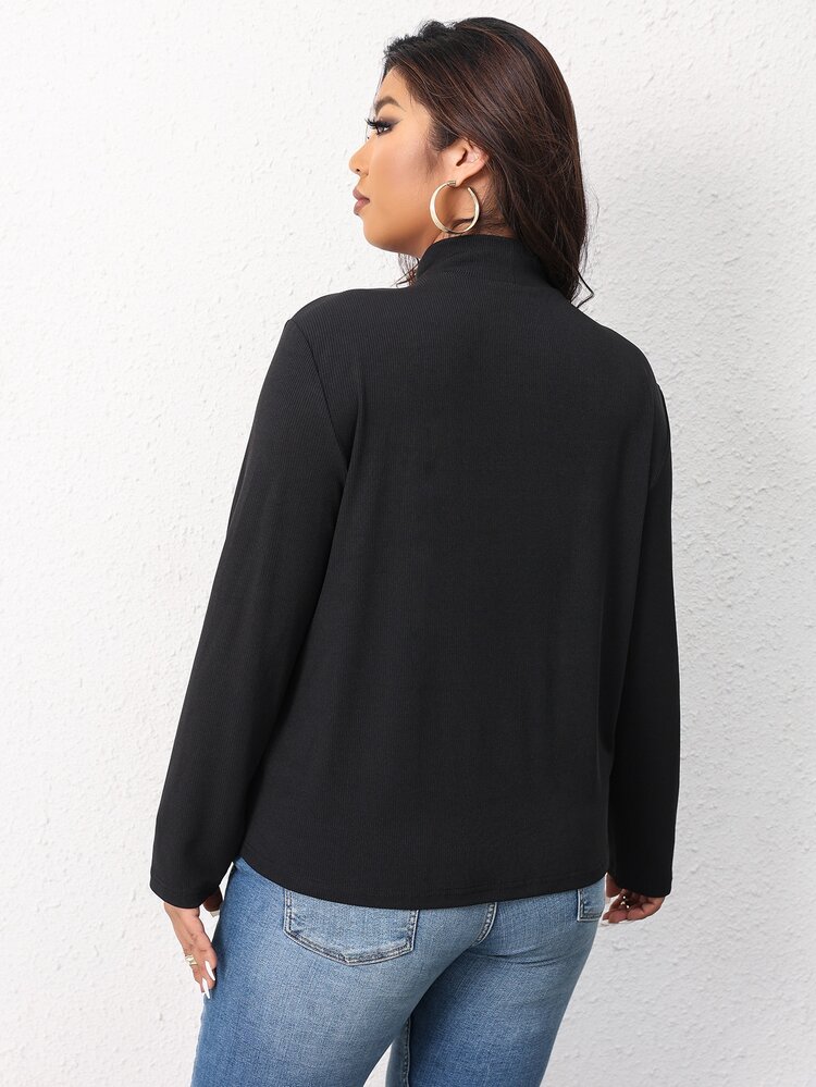 Áo thun Plus size Cắt ra Dây kéo Gân đan màu trơn Giải trí - màu đen - Xem 2