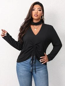 大碼前抽繩鎖脖領口T恤 - 黑色 - 查看 3