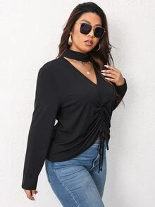 大碼前抽繩鎖脖領口T恤 - 黑色 - 查看 4