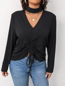 大碼前抽繩鎖脖領口T恤 - 黑色 - 查看 5