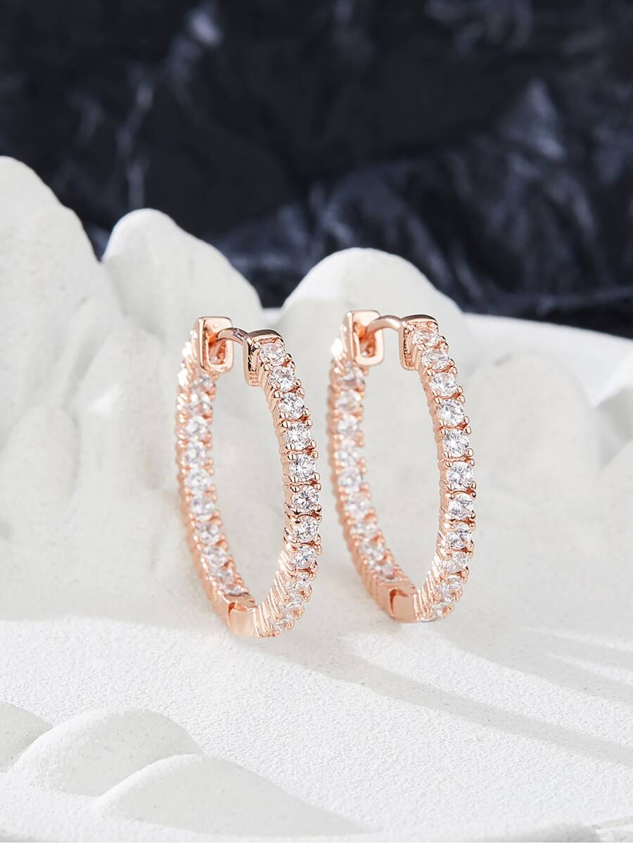 Cubic Zirconia Decor Hoop Earrings - Rose Gold - View 1