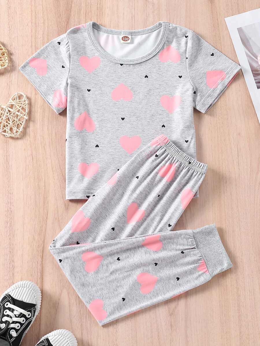 Young Girl Heart Print PJ Set - Grey - View 1