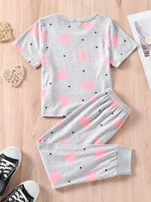 Young Girl Heart Print PJ Set - Grey - View 2
