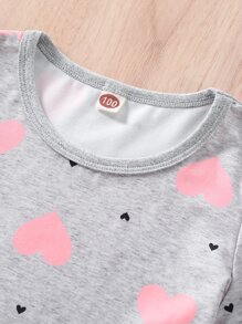 Young Girl Heart Print PJ Set - Grey - View 3