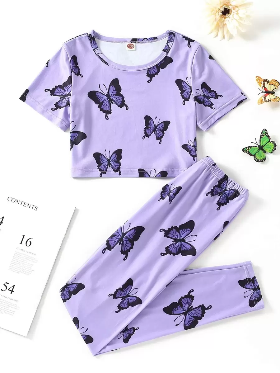 女孩蝴蝶圖案睡衣套裝 - 紫丁香色 - 查看 1