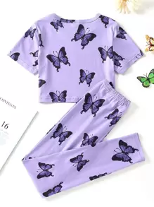 女孩蝴蝶圖案睡衣套裝 - 紫丁香色 - 查看 2