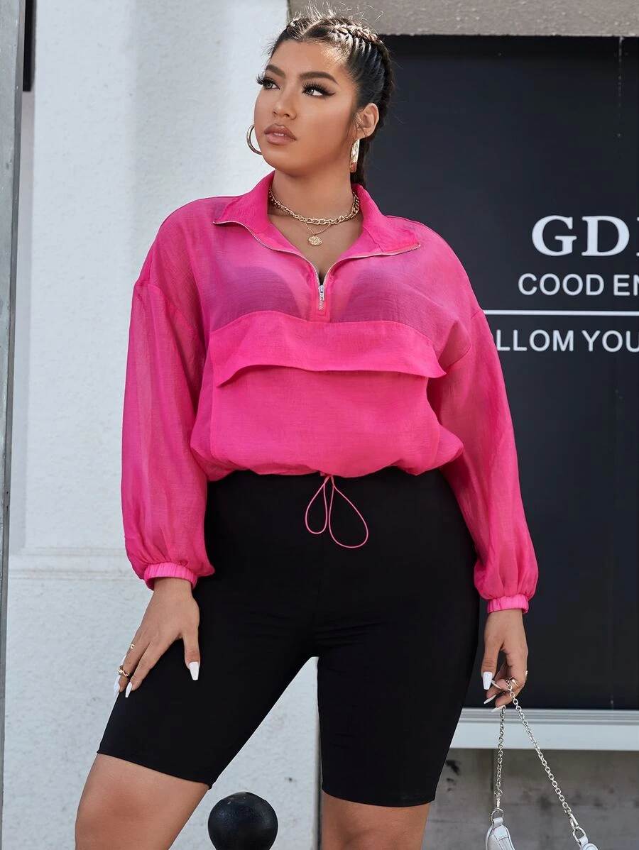 SHEIN EZwear Bộ thời trang Plus Size Dây kéo màu trơn Giải trí - Nhiều màu - Xem 1