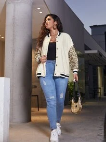 SHEIN Plus Colourblock Paisley Pattern Drop Shoulder Teddy Jacket - Beige - View 4