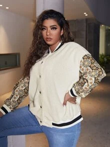 SHEIN Plus Colourblock Paisley Pattern Drop Shoulder Teddy Jacket - Beige - View 5