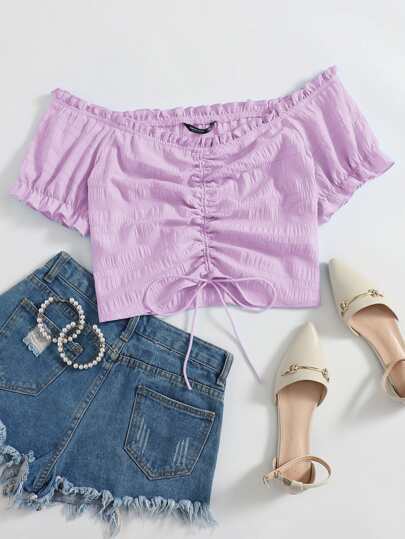 Plus Off Shoulder Frill Trim Drawstring Ruched Front Top