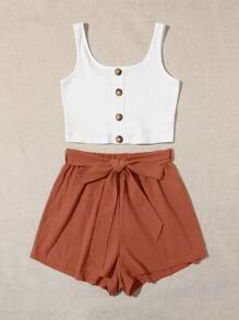 SHEIN VCAY 大码度假休闲短款背心和短裤两件套，女士服装两件套度假装女士夏季服装女士抹胸短款上衣 - 白色 - 查看 3