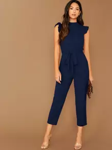 SHEIN Privé Mock-Neck Ruffle Cuff Self Belted Jumpsuit