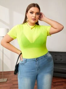 SHEIN Essnce 大碼螢光綠網紗薄透不附胸罩上衣 - 青檸色 - 查看 1