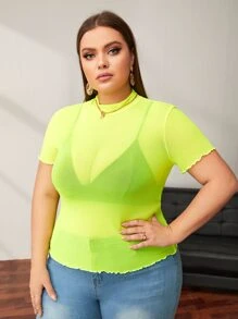 SHEIN Essnce 大碼螢光綠網紗薄透不附胸罩上衣 - 青檸色 - 查看 3