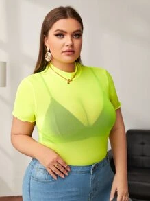 SHEIN Essnce 大碼螢光綠網紗薄透不附胸罩上衣 - 青檸色 - 查看 4