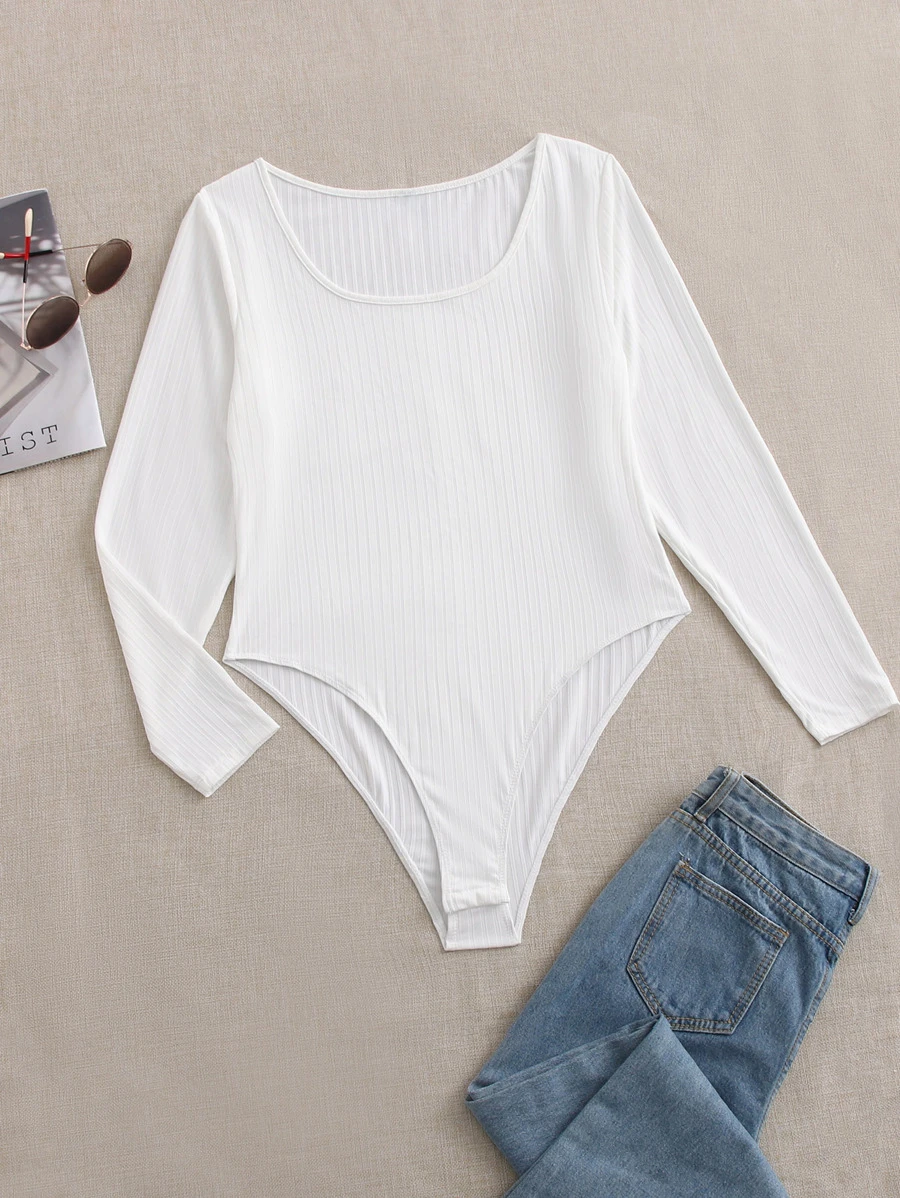 SHEIN EZwear Bộ đồ liền thân dệt kim có gân Plus, cho mùa đông - trắng - Xem 1